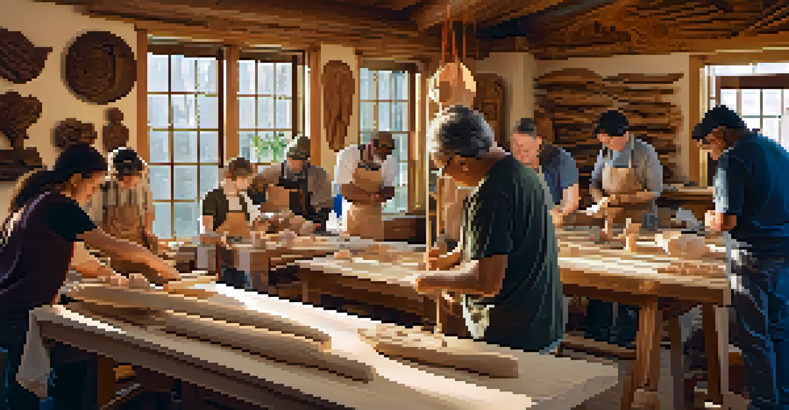A lively community workshop with people of different ages learning traditional carving techniques, surrounded by tools and wooden sculptures.