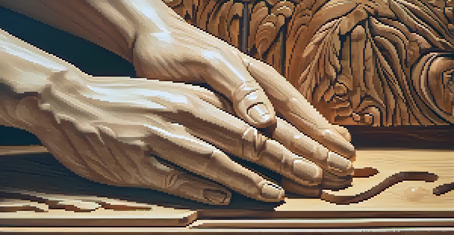 A close-up of hands carving a detailed wooden sculpture with visible wood grain.