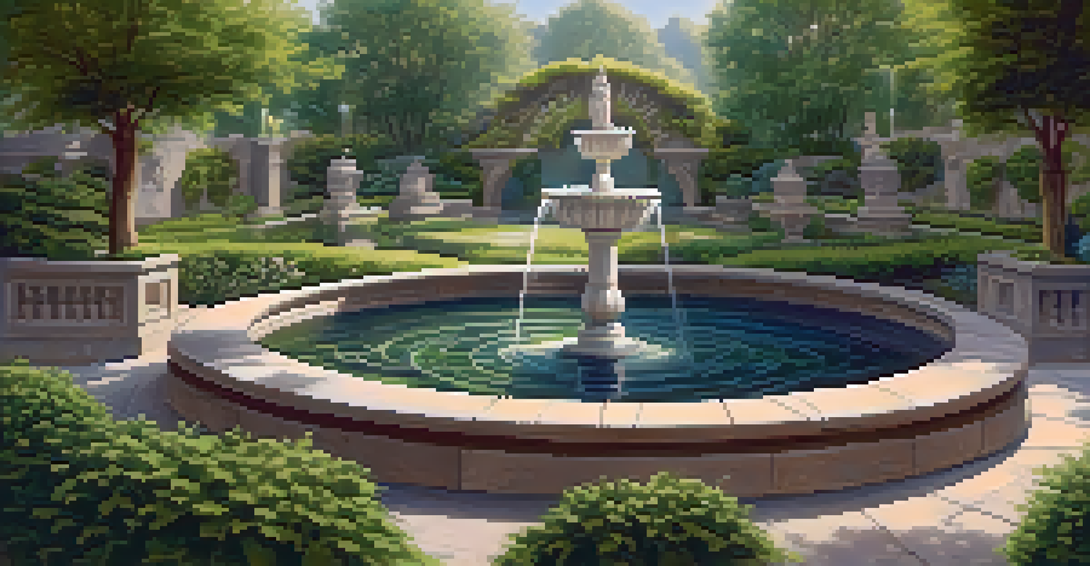 An outdoor space with a stone fountain surrounded by greenery and local artistic patterns, illuminated by soft daylight.