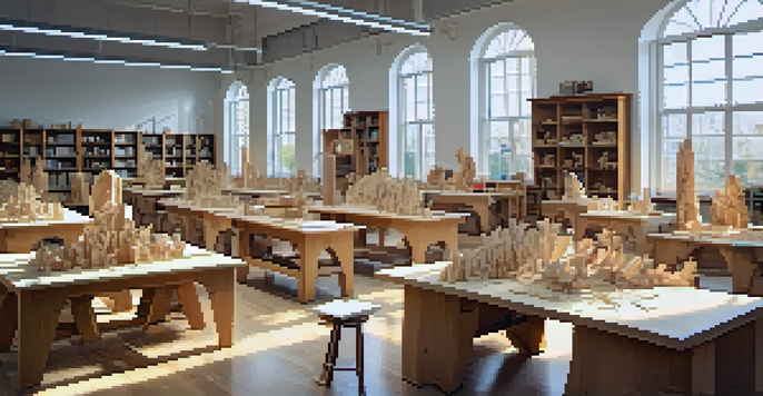 A bright art classroom where students are carving wooden sculptures with various tools, surrounded by wooden blocks and shavings.