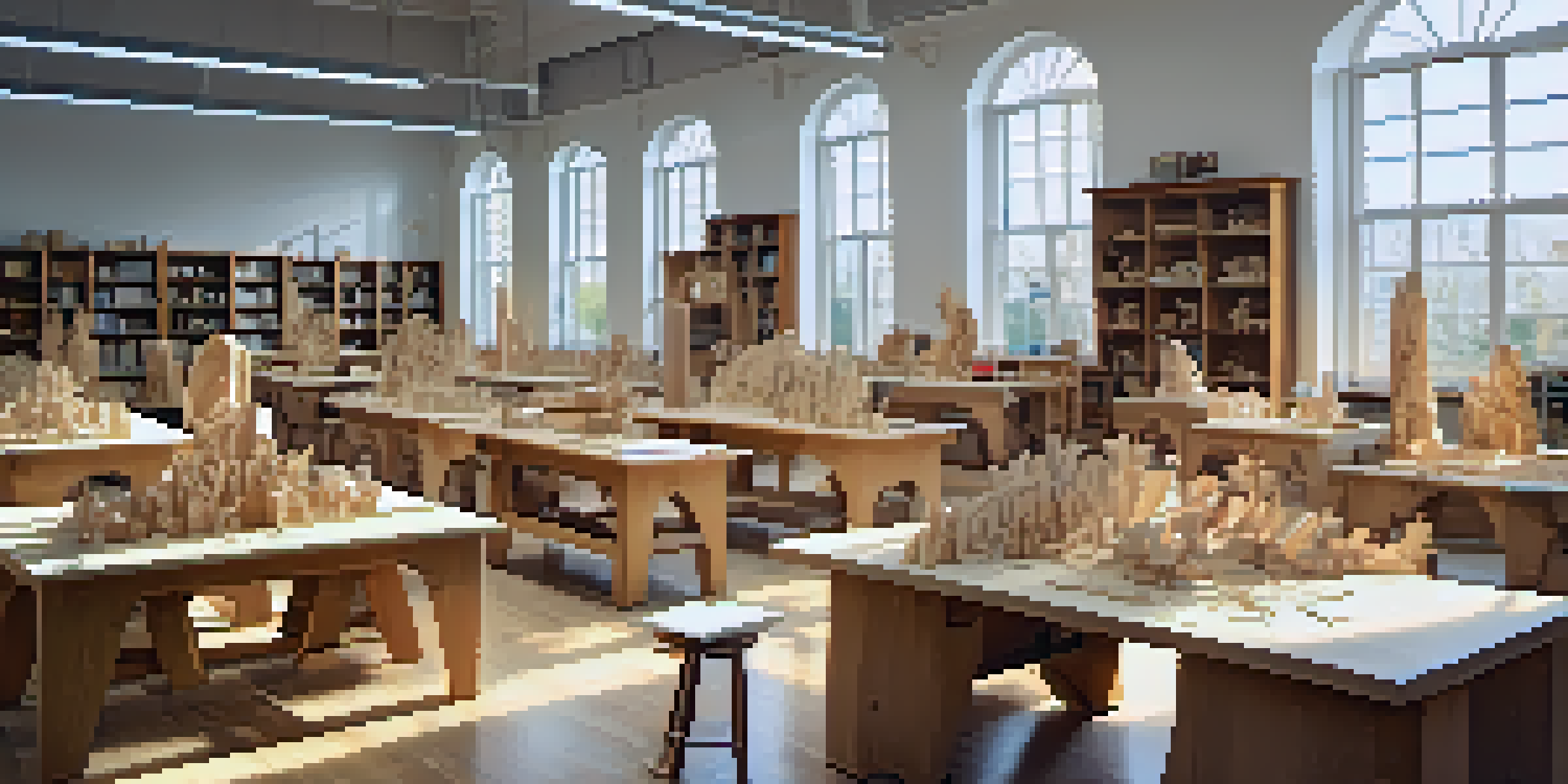A bright art classroom where students are carving wooden sculptures with various tools, surrounded by wooden blocks and shavings.