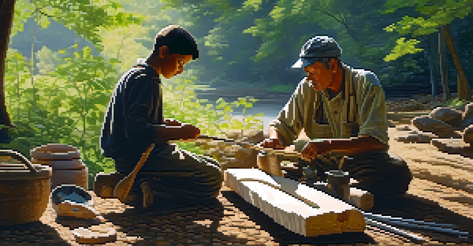 An artisan carving a large piece of bone in a serene outdoor setting, surrounded by trees and dappled sunlight.