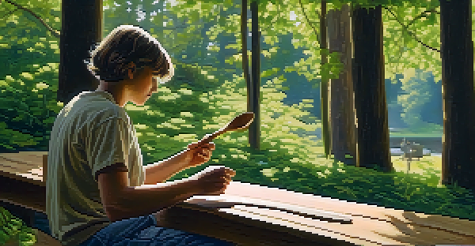 A person whittling a wooden spoon in a tranquil outdoor setting surrounded by trees and natural light.