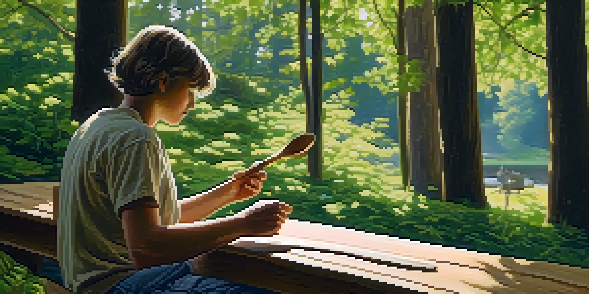 A person whittling a wooden spoon in a tranquil outdoor setting surrounded by trees and natural light.