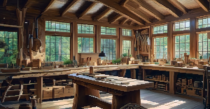 A woodworking workshop with an artisan carving wood, tools on a table, and sunlight streaming in.