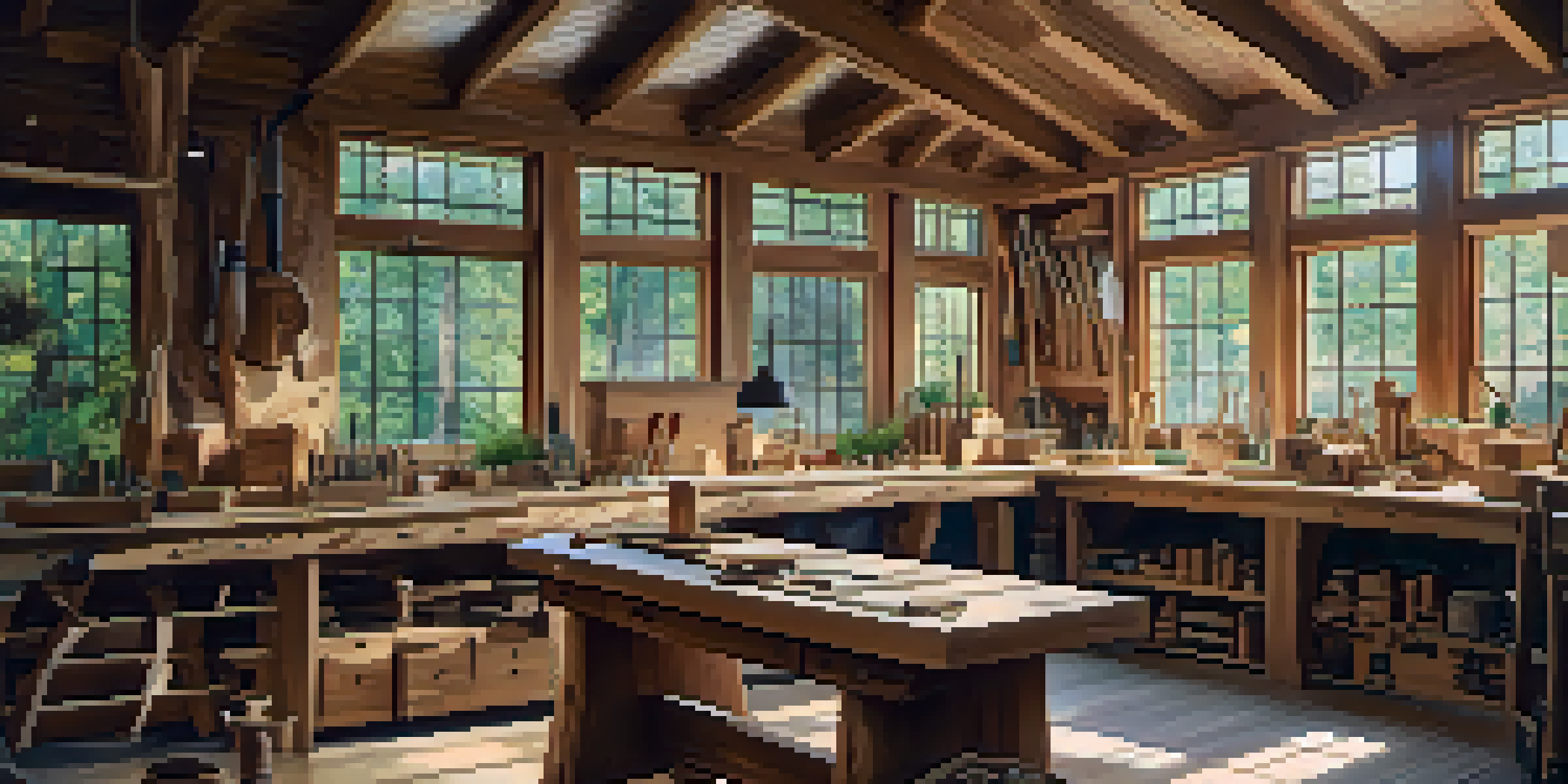 A woodworking workshop with an artisan carving wood, tools on a table, and sunlight streaming in.