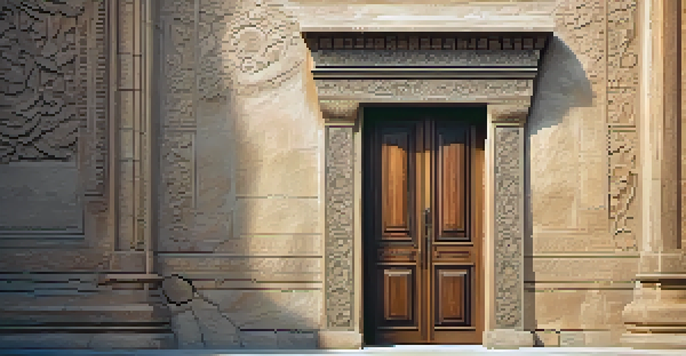 A close-up of a beautifully carved wooden door with floral patterns, illuminated by soft lighting against a stone wall.