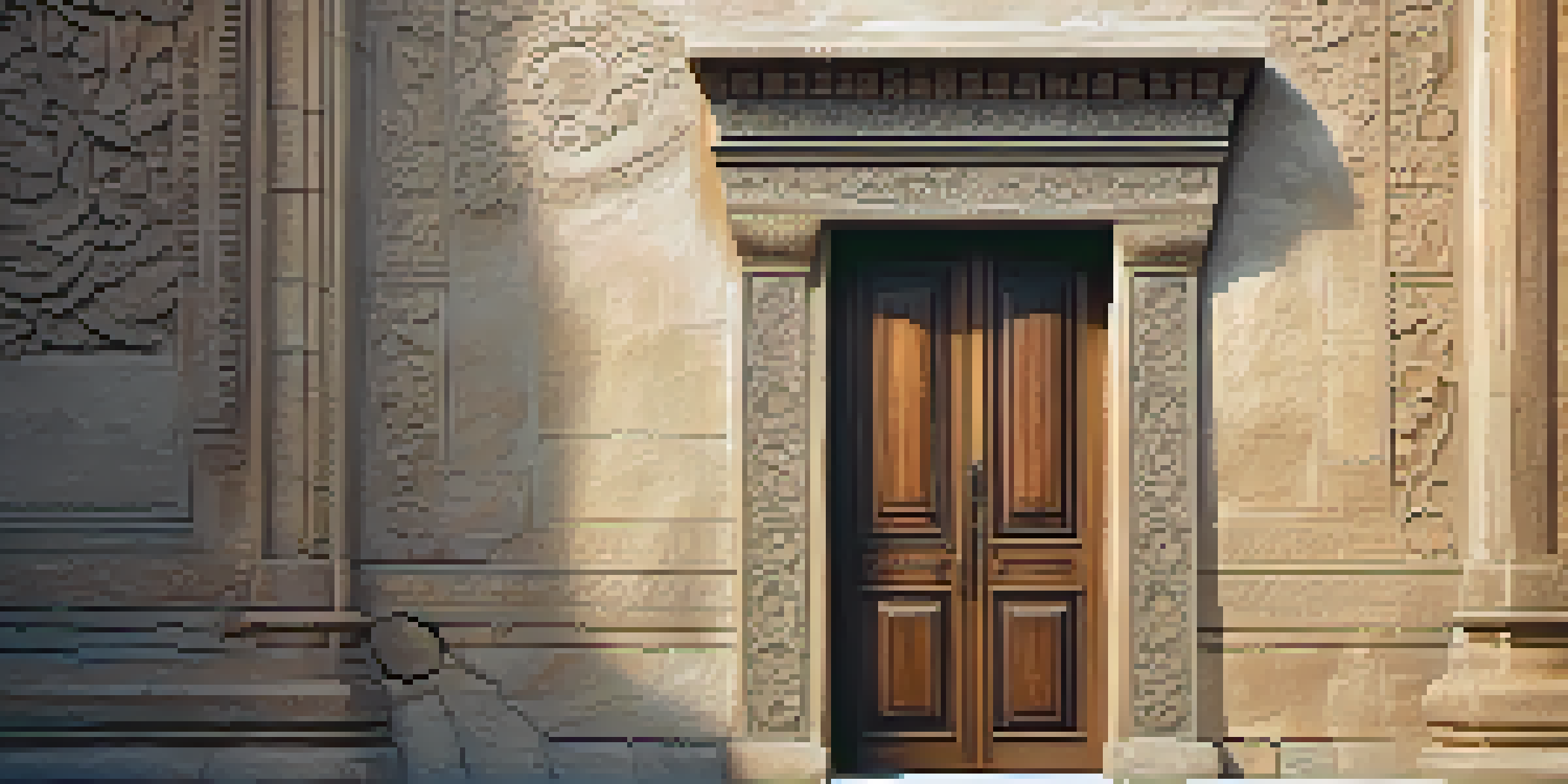 A close-up of a beautifully carved wooden door with floral patterns, illuminated by soft lighting against a stone wall.