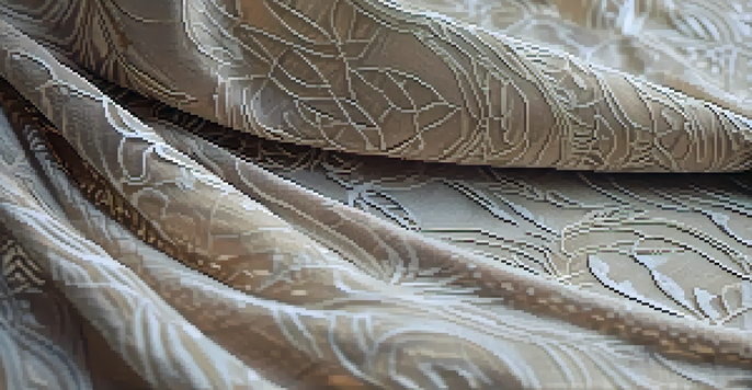 A close-up of intricately carved fabric resembling lace and tree bark, draped over a mannequin in a softly lit studio.