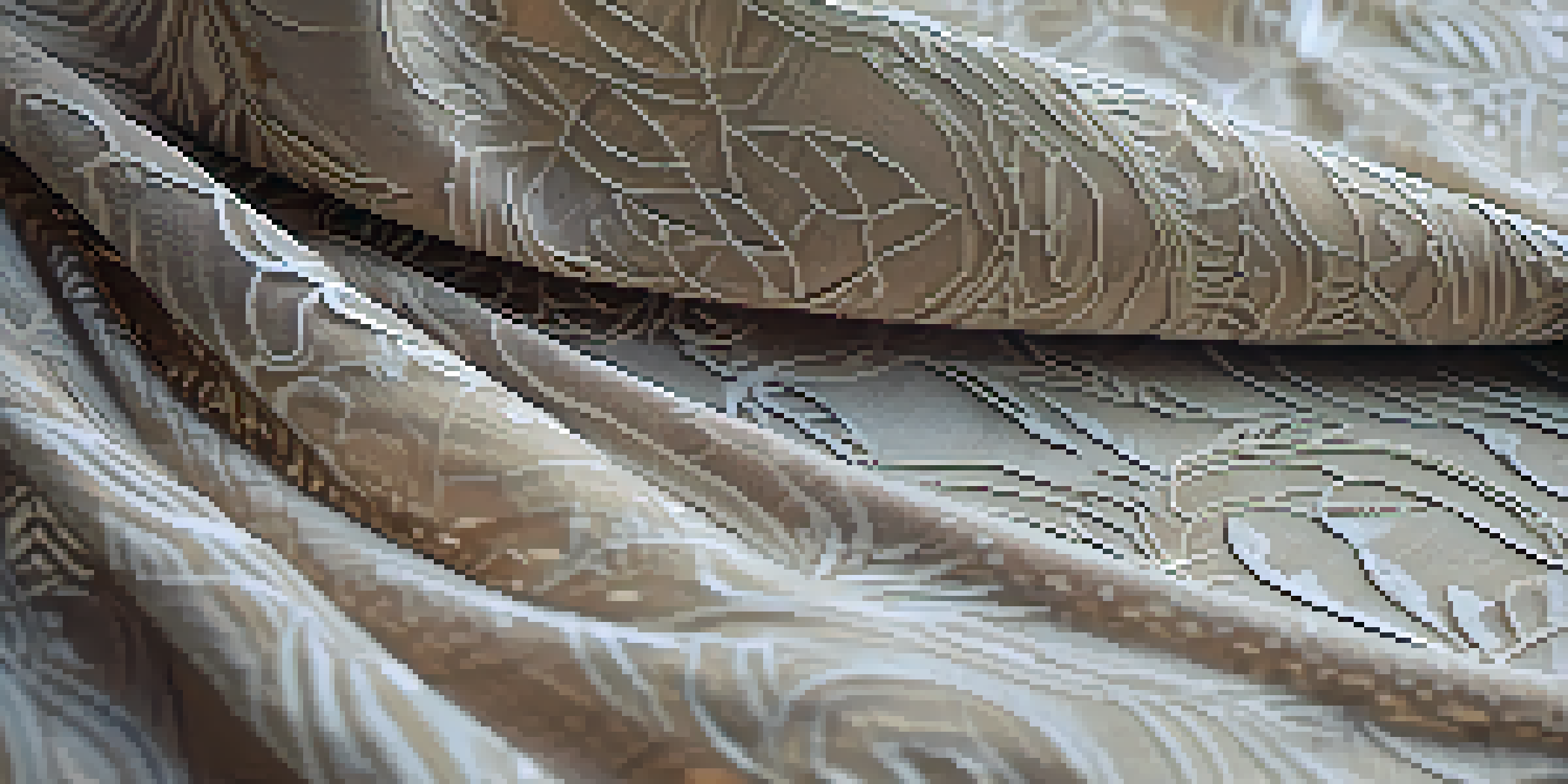 A close-up of intricately carved fabric resembling lace and tree bark, draped over a mannequin in a softly lit studio.