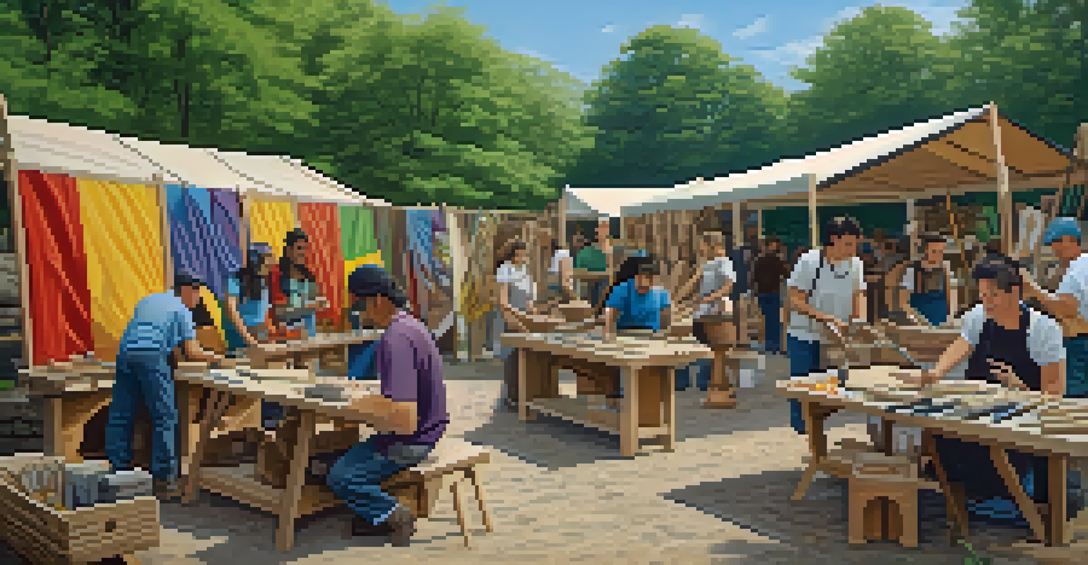 A diverse group of artists working together in an outdoor carving workshop, using tools on wood and stone among nature.