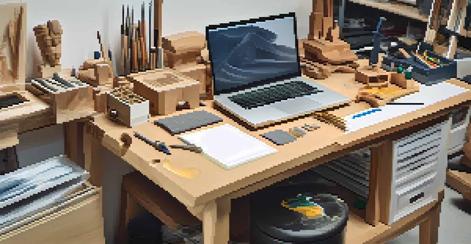 An artist's studio with traditional carving tools and a laptop showing CAD designs, alongside a 3D printer.