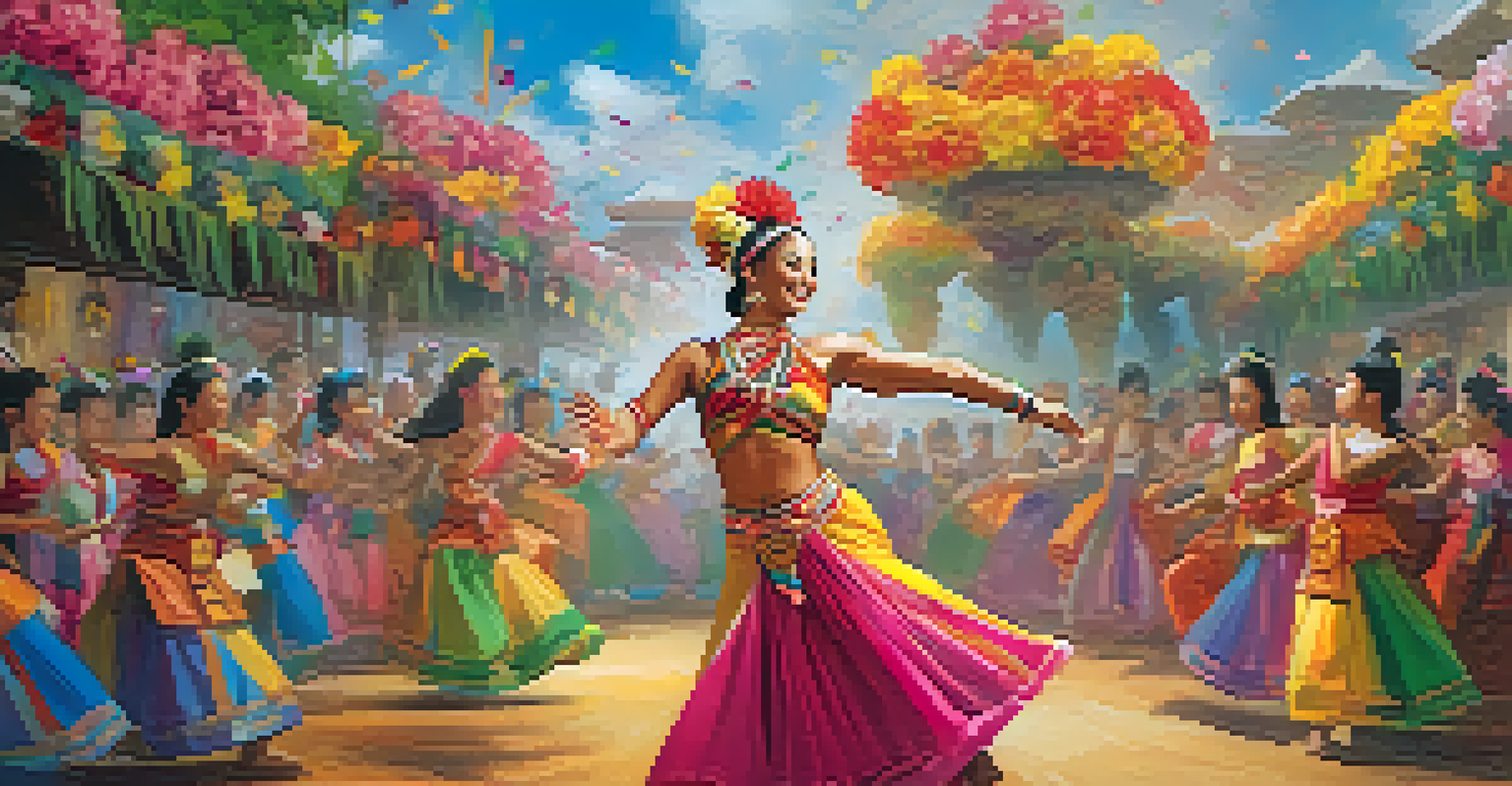 A colorful cultural festival with a dancer performing in front of a large carved statue, surrounded by decorations.