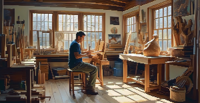 An artist working in a bright workshop, carving a wooden sculpture with tools around them.