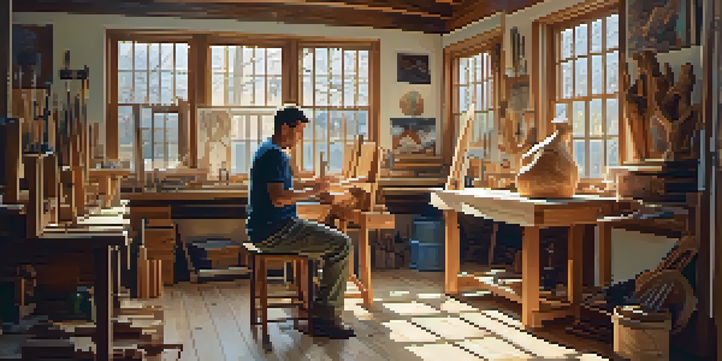 An artist working in a bright workshop, carving a wooden sculpture with tools around them.
