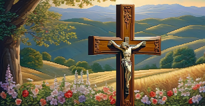 A wooden cross with floral carvings in a golden light, surrounded by a peaceful landscape of hills and flowers.