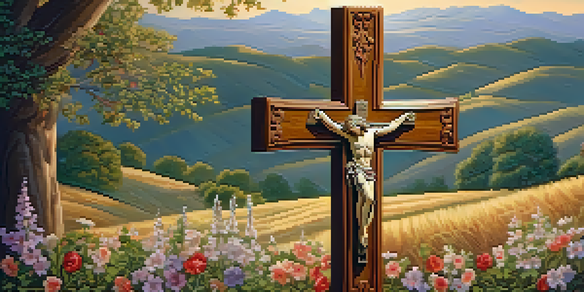 A wooden cross with floral carvings in a golden light, surrounded by a peaceful landscape of hills and flowers.