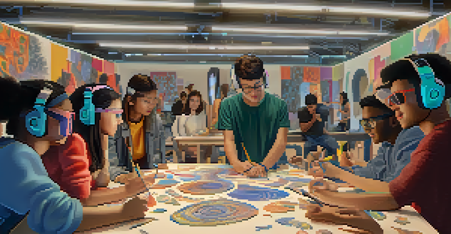 A group of students collaborating in a virtual space, exploring various carving styles and materials, with colorful designs surrounding them.