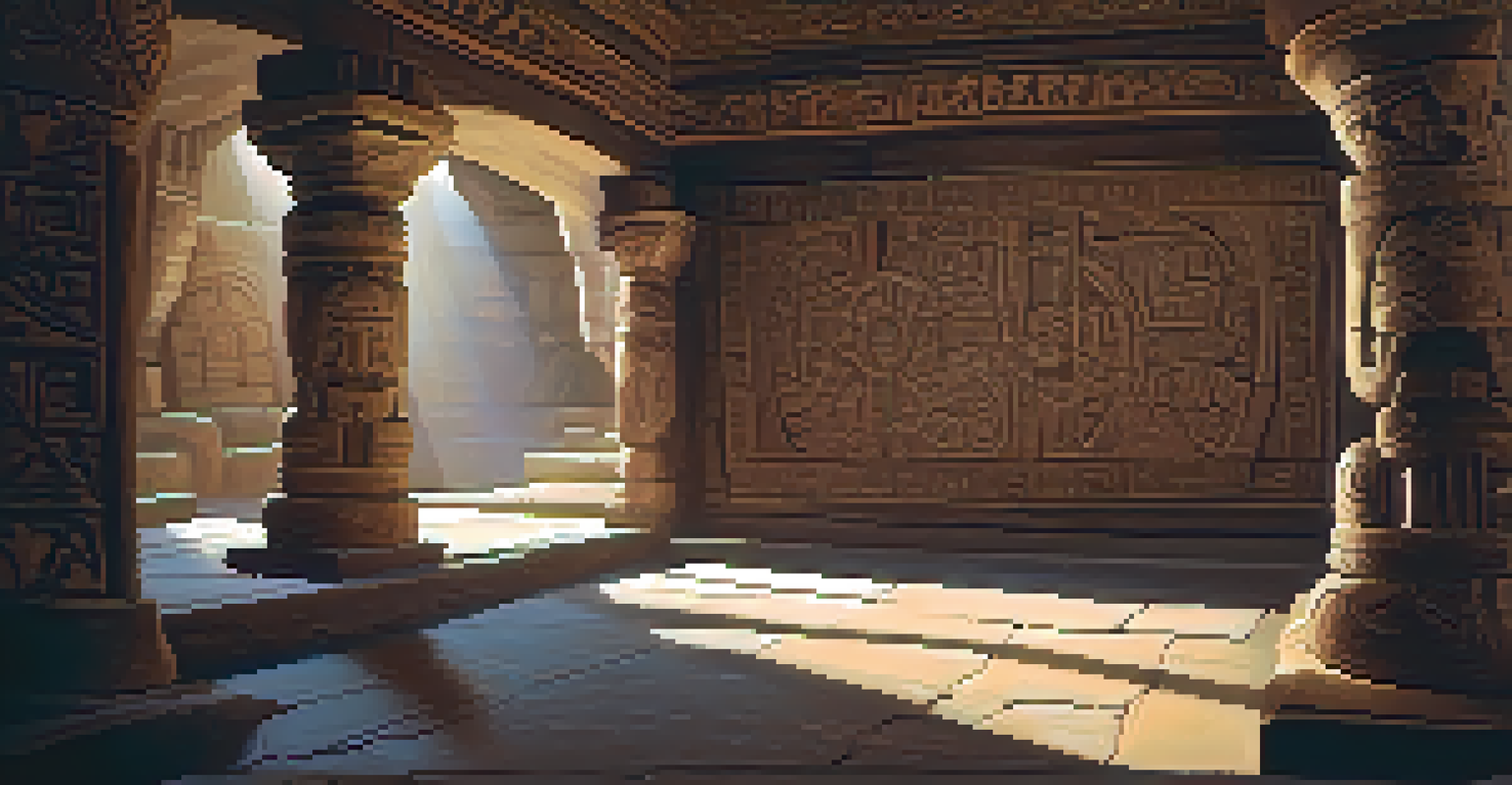 A fantasy film set with carved stone walls, dramatic lighting casts deep shadows on the intricate carvings.
