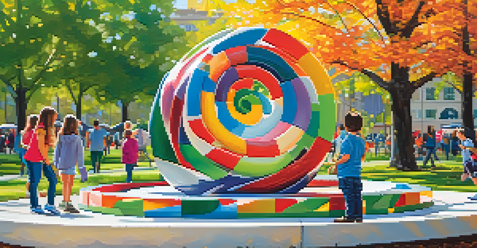 A large abstract sculpture made from recycled materials in a city park, surrounded by people and vibrant nature.