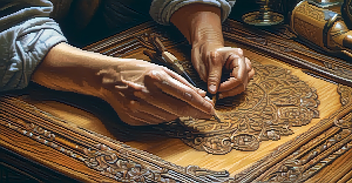 An artisan's hands carving intricate designs into wood, showcasing craftsmanship.