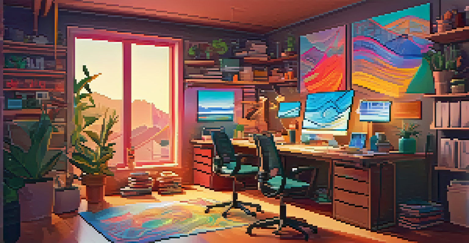 A creative workspace with a digital screen showing colorful carving patterns, surrounded by design tools and sketches.