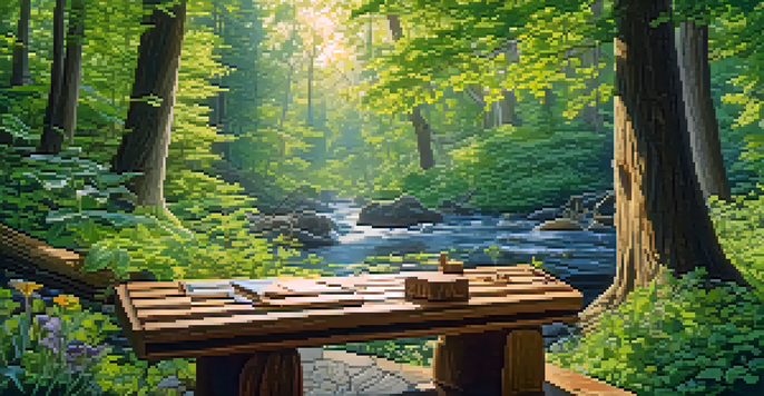 A woodcarver working in a peaceful forest, surrounded by trees and nature, with sunlight filtering through the leaves.