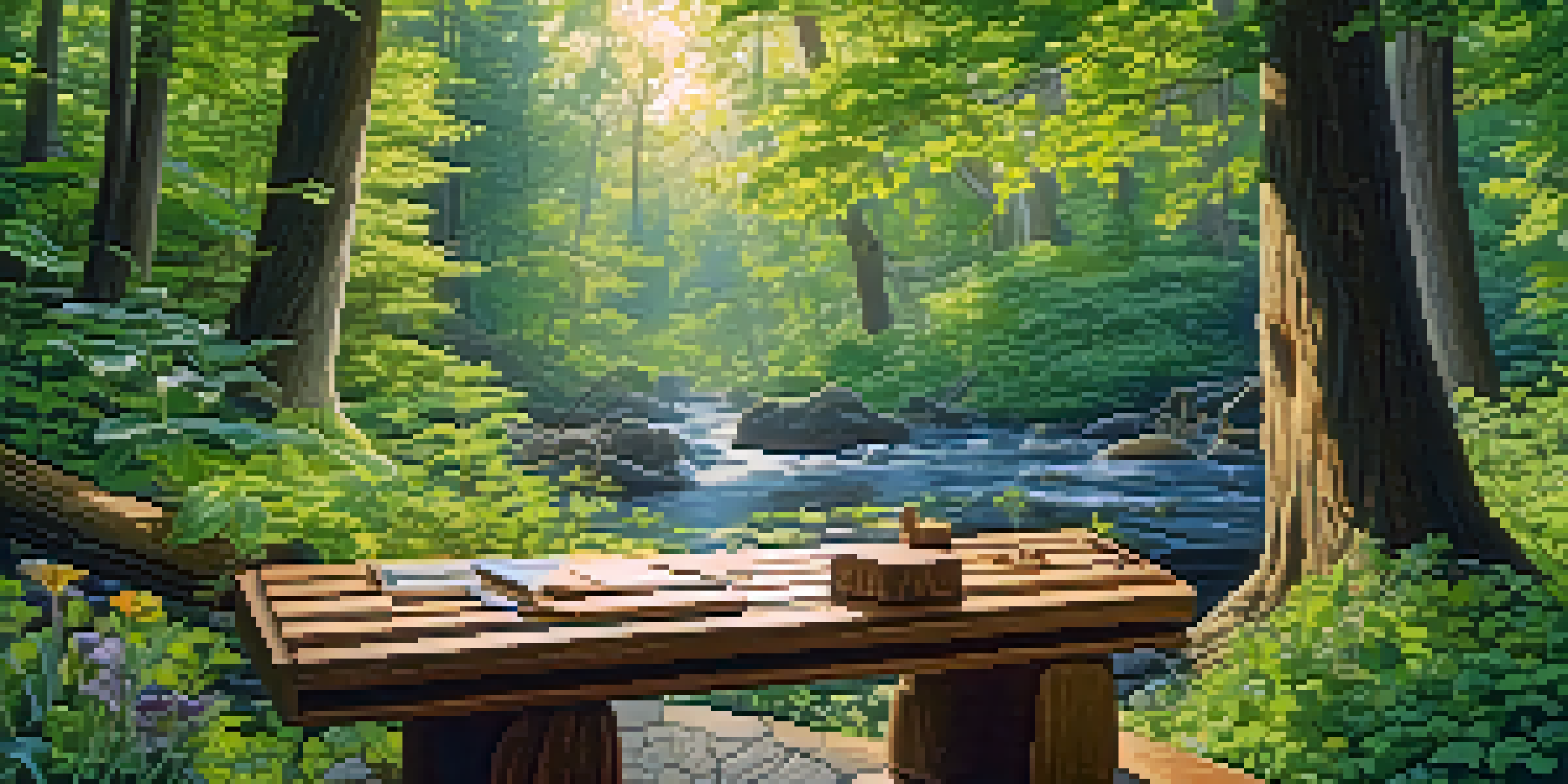A woodcarver working in a peaceful forest, surrounded by trees and nature, with sunlight filtering through the leaves.