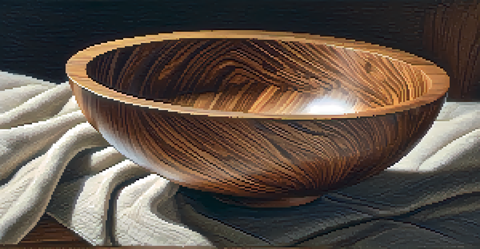 A close-up of a carved walnut wooden bowl, showcasing intricate details and smooth finish on a textured background.