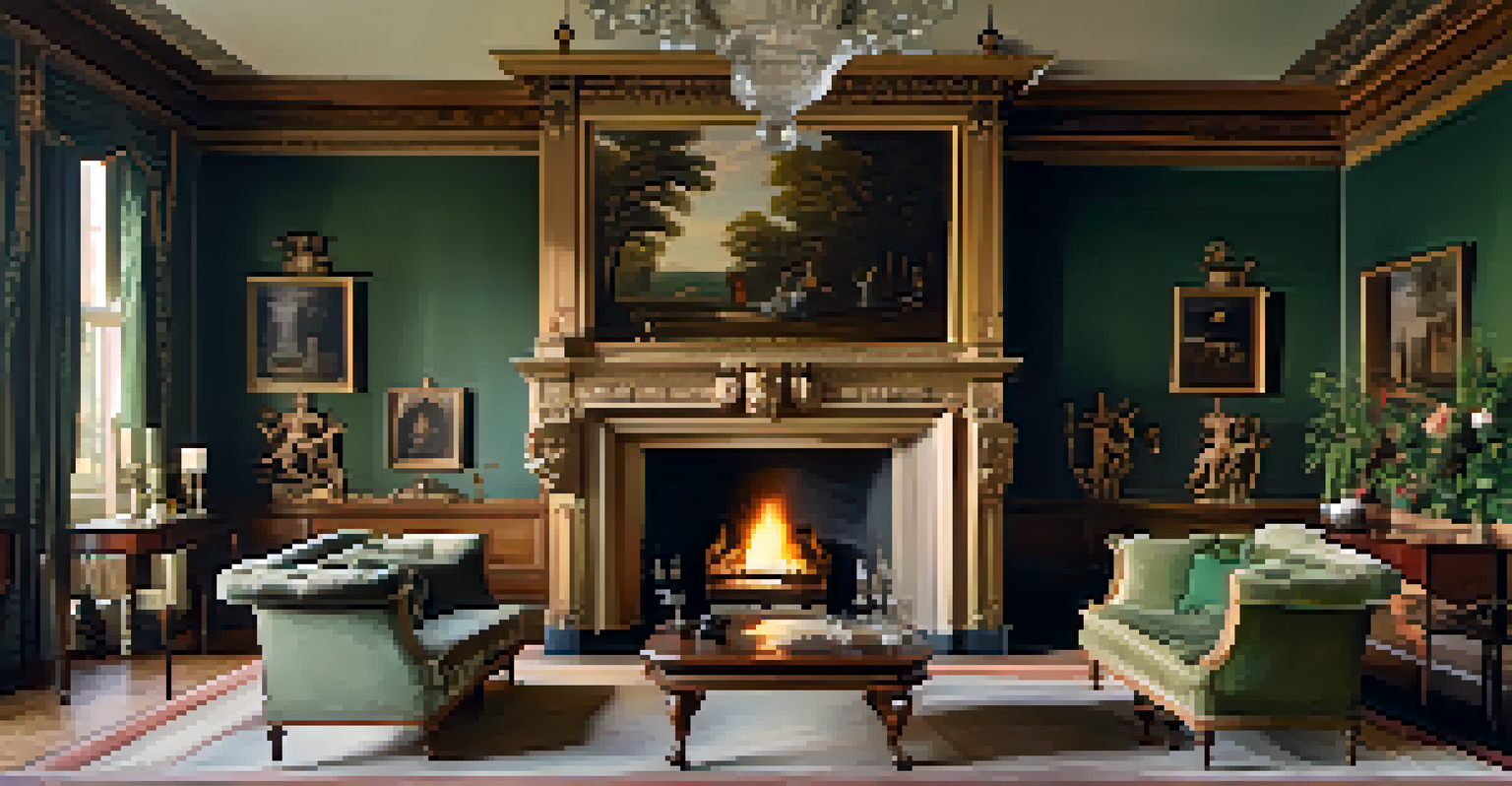 Interior of an 18th-century country house showcasing an ornate fireplace mantel with detailed wood carvings.