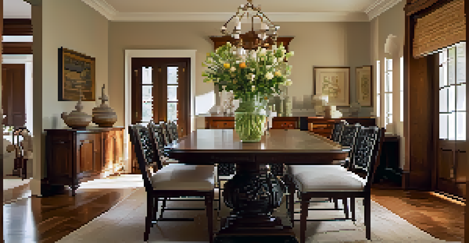 A dining area with a carved wooden table and chairs, elegantly set for a meal with soft lighting.