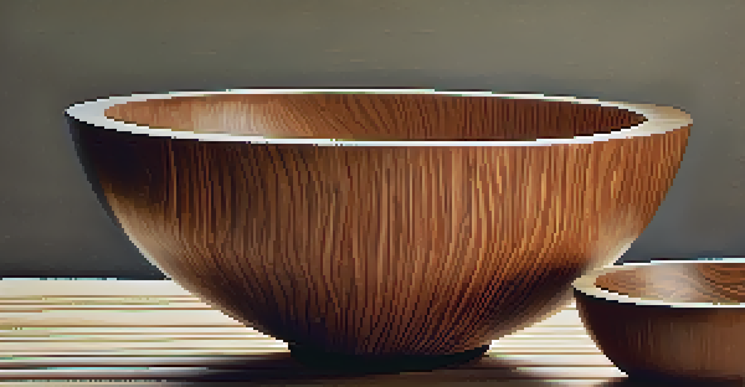 A close-up of a handcrafted wooden bowl with a smooth surface and natural grain patterns, set against a neutral fabric background.