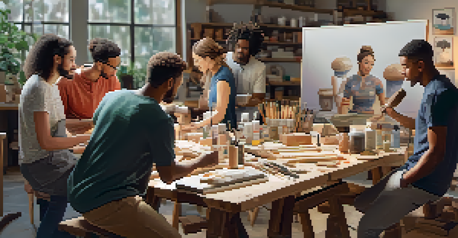 A diverse group of creators engaged in a live YouTube carving tutorial, surrounded by materials and a camera setup.