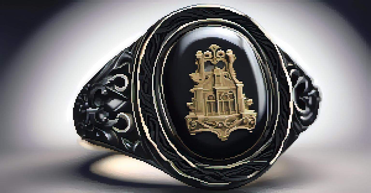 Victorian mourning ring made from jet with intricate floral carvings on a dark velvet cloth.