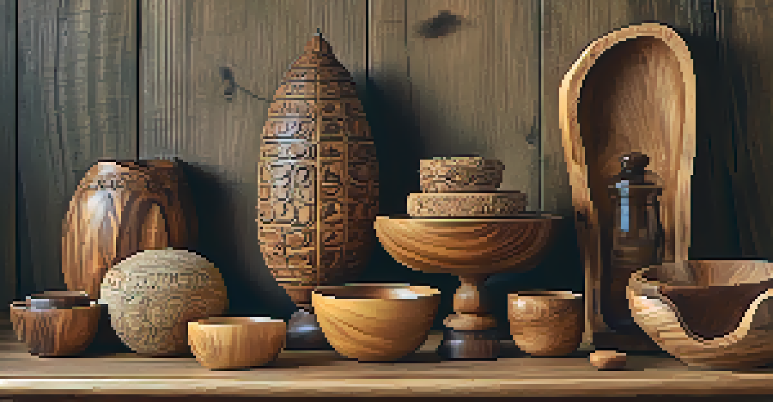 A collection of carved wooden objects on a rustic table, including an ornament and a bowl.
