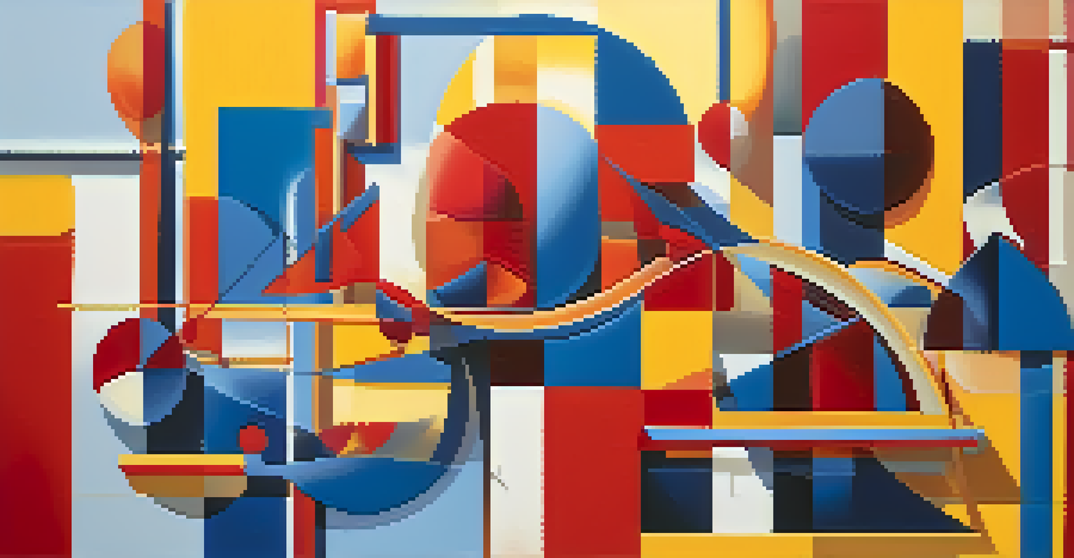 An abstract artwork with bold geometric shapes in vibrant colors.