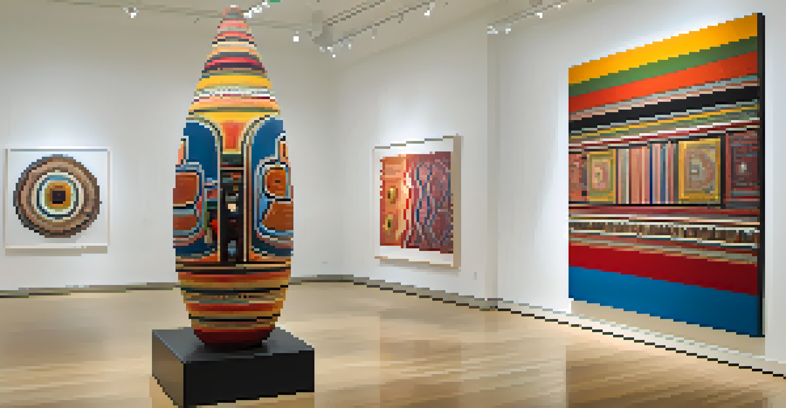 A modern sculpture that fuses indigenous patterns with contemporary designs, displayed in a bright gallery where viewers admire its vibrant colors and textures.