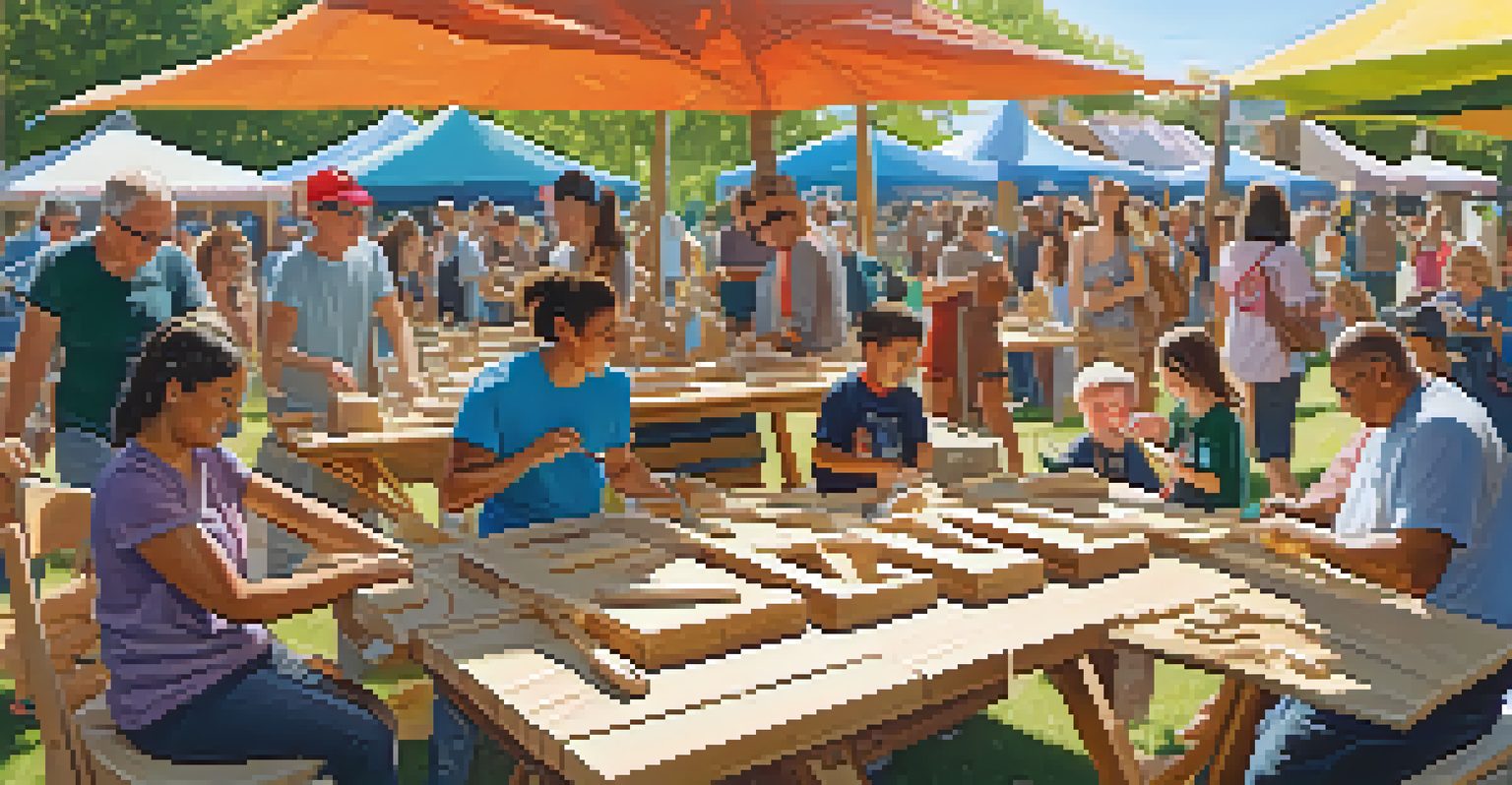 A lively outdoor carving event with people of all ages creating wooden sculptures in a sunny park.