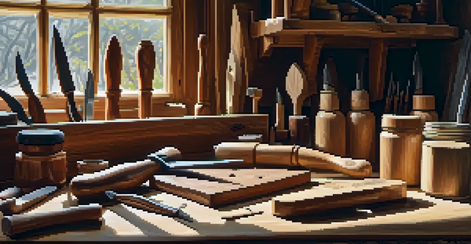 A wooden workbench filled with carving tools like knives, chisels, and a mallet, illuminated by warm natural light.