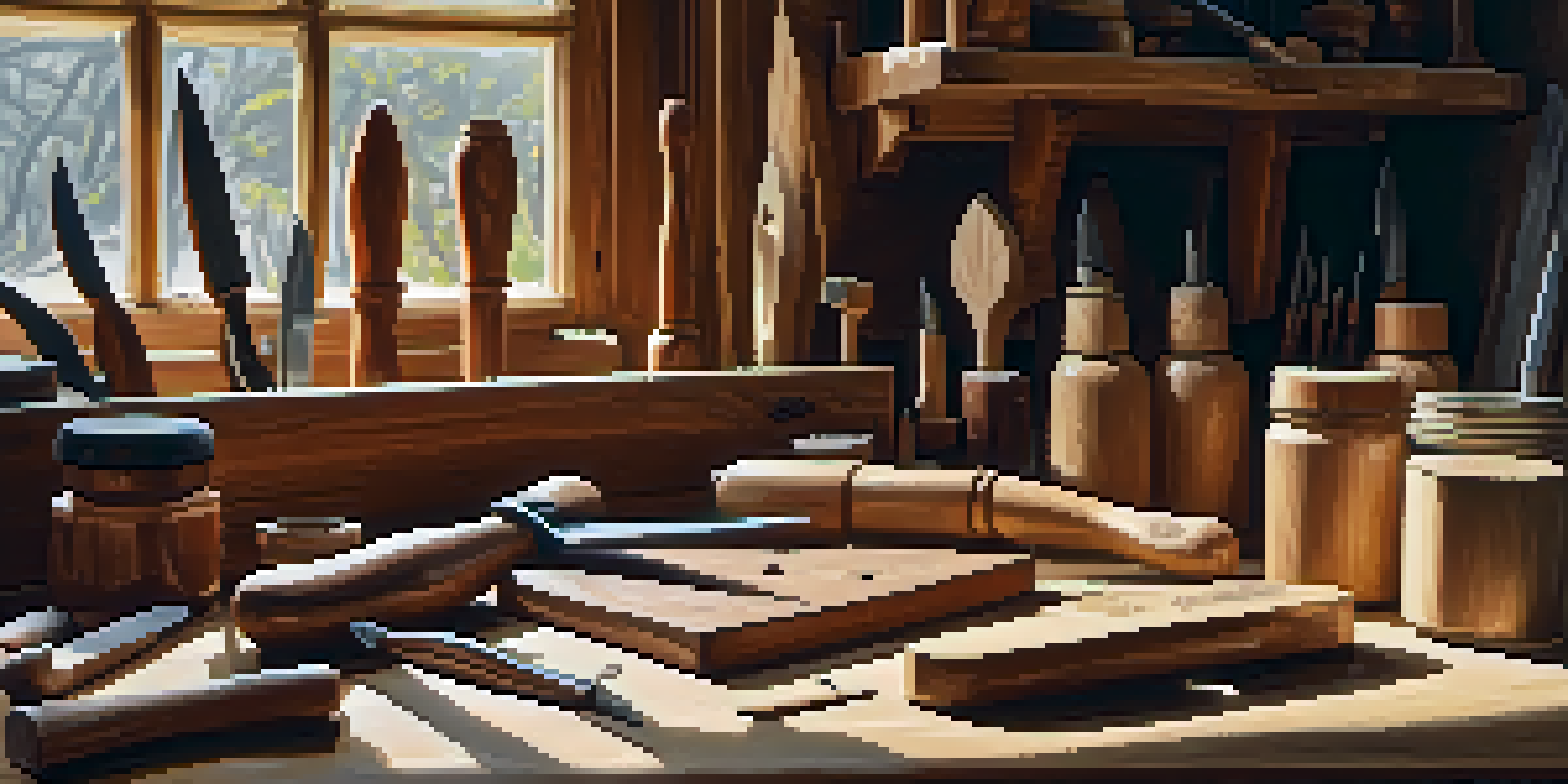 A wooden workbench filled with carving tools like knives, chisels, and a mallet, illuminated by warm natural light.