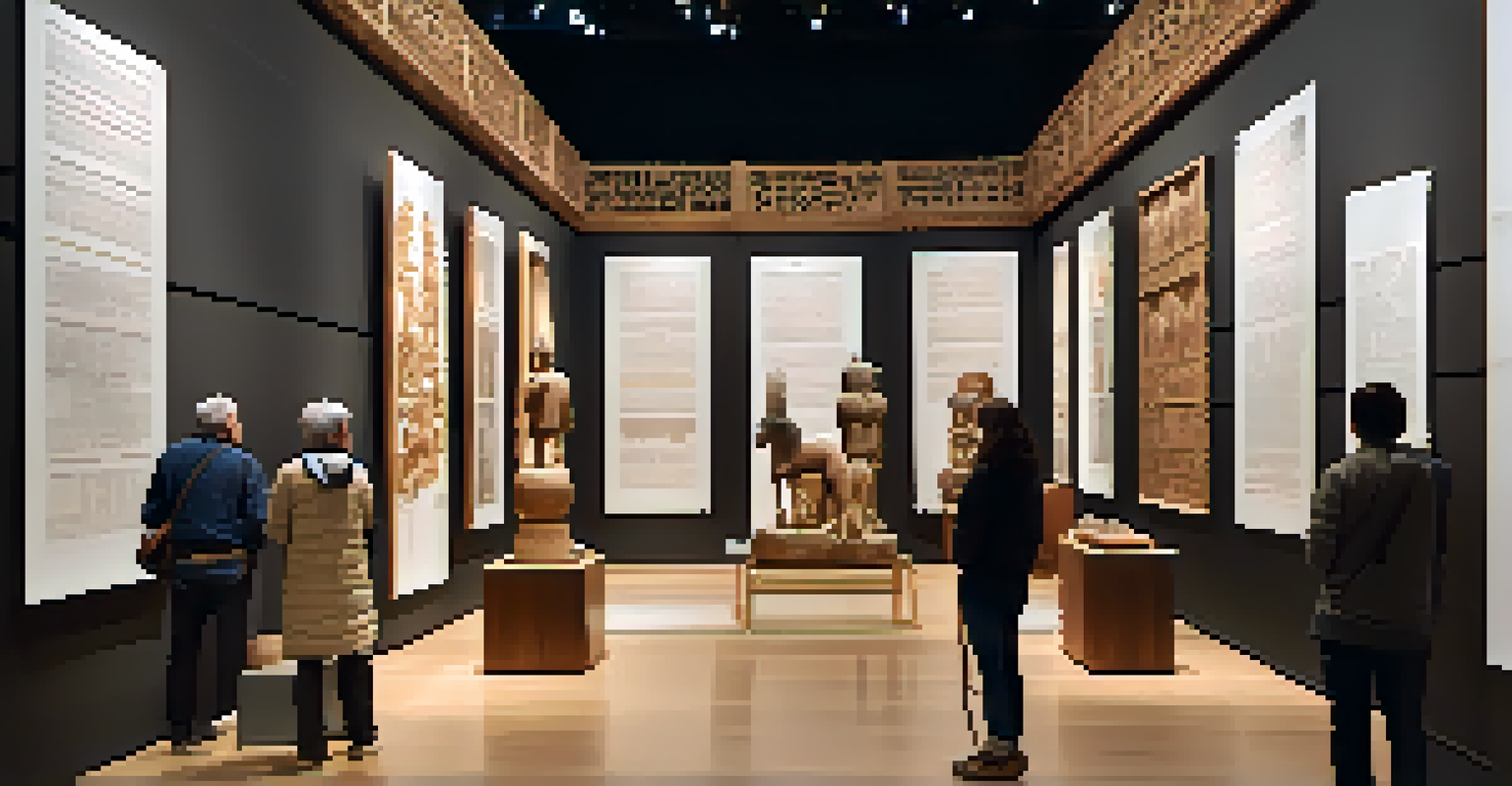 An art exhibition featuring intricately carved sculptures and engaged visitors.