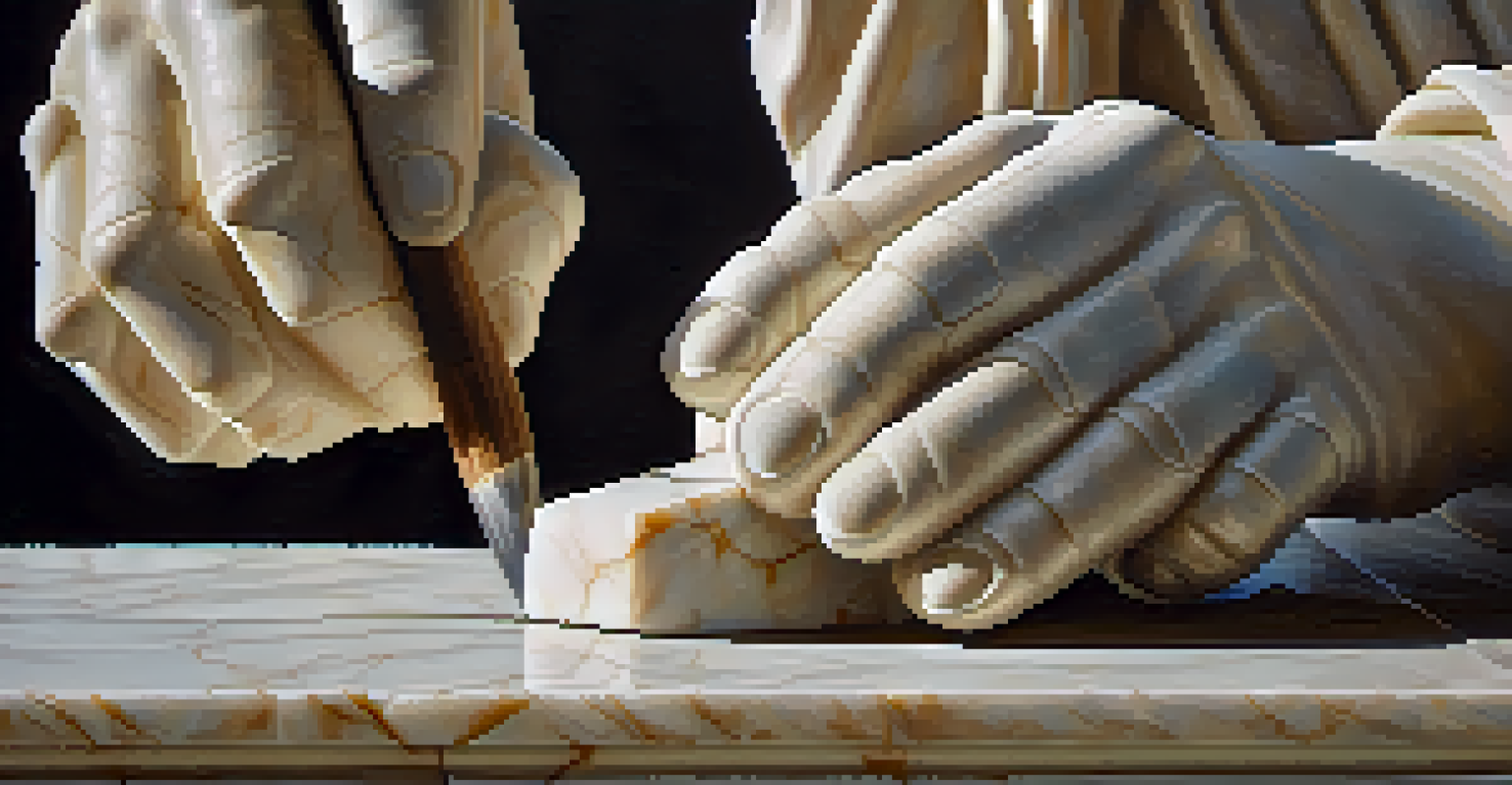 A close-up of hands chiseling a marble statue with tools in a softly lit environment.