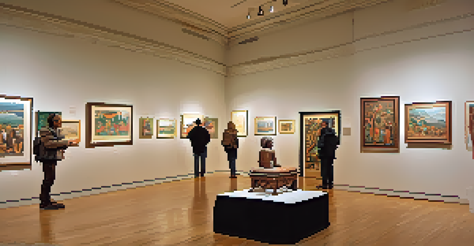 An art exhibition displaying various wooden carvings, with visitors admiring the artwork and a musician performing in the background.