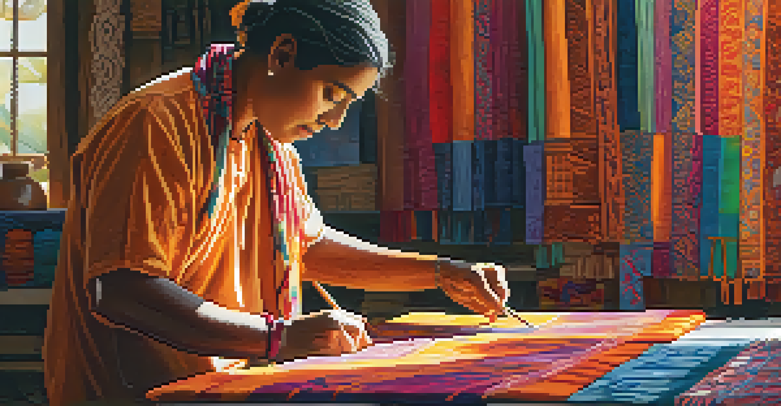 An artisan applying dye to a carved block in a workshop filled with colorful fabrics.