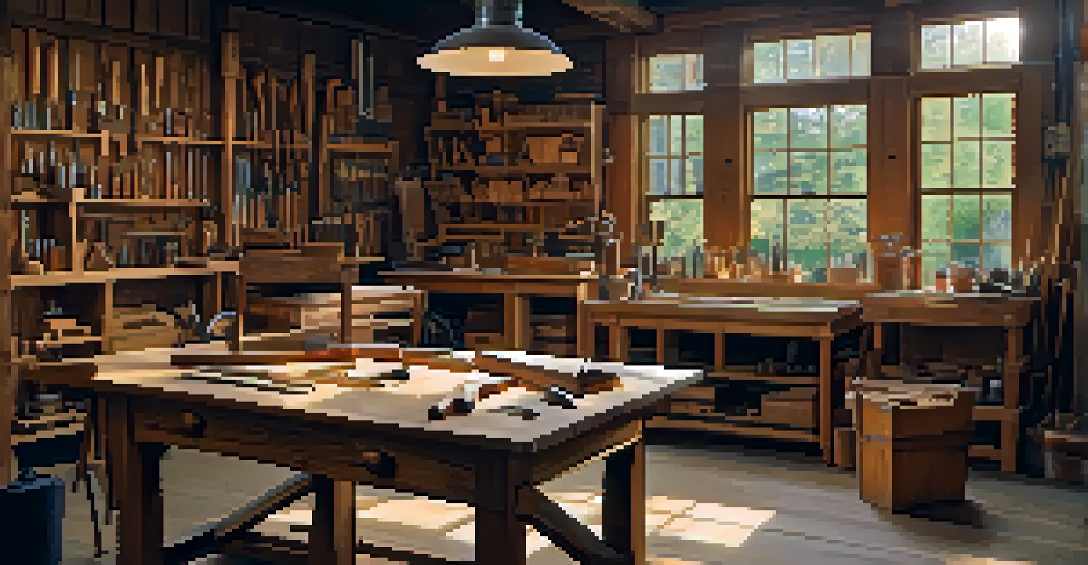 An artisan's workshop with different types of wood and tools, featuring a half-finished table highlighting beautiful grain patterns.