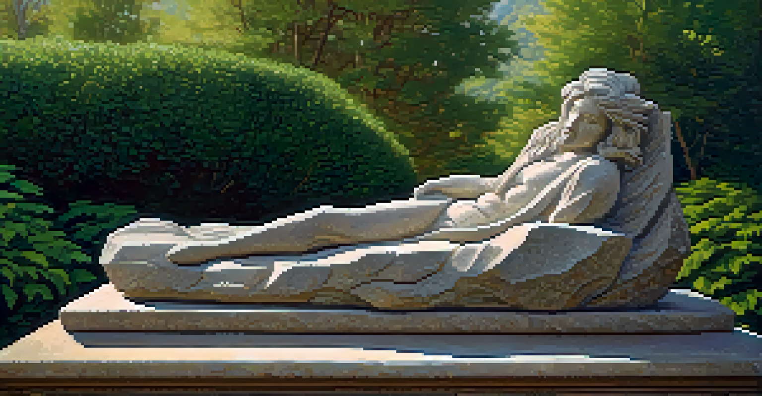 A stone carving illuminated by sunlight, displaying a combination of smooth and rough textures amidst green plants.