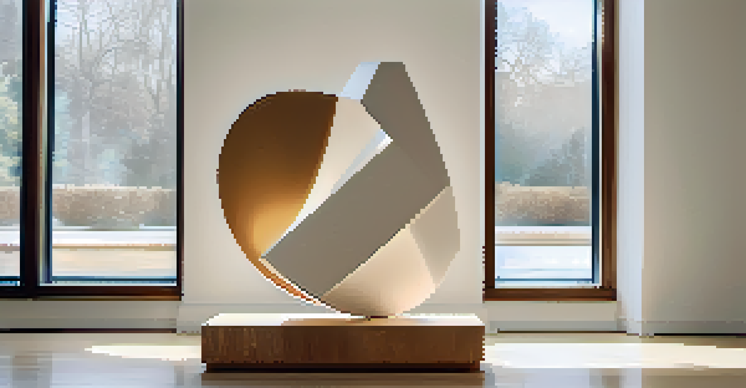 An abstract minimalist carving with clean lines and geometric shapes, showcased on a wooden pedestal in a contemporary gallery.