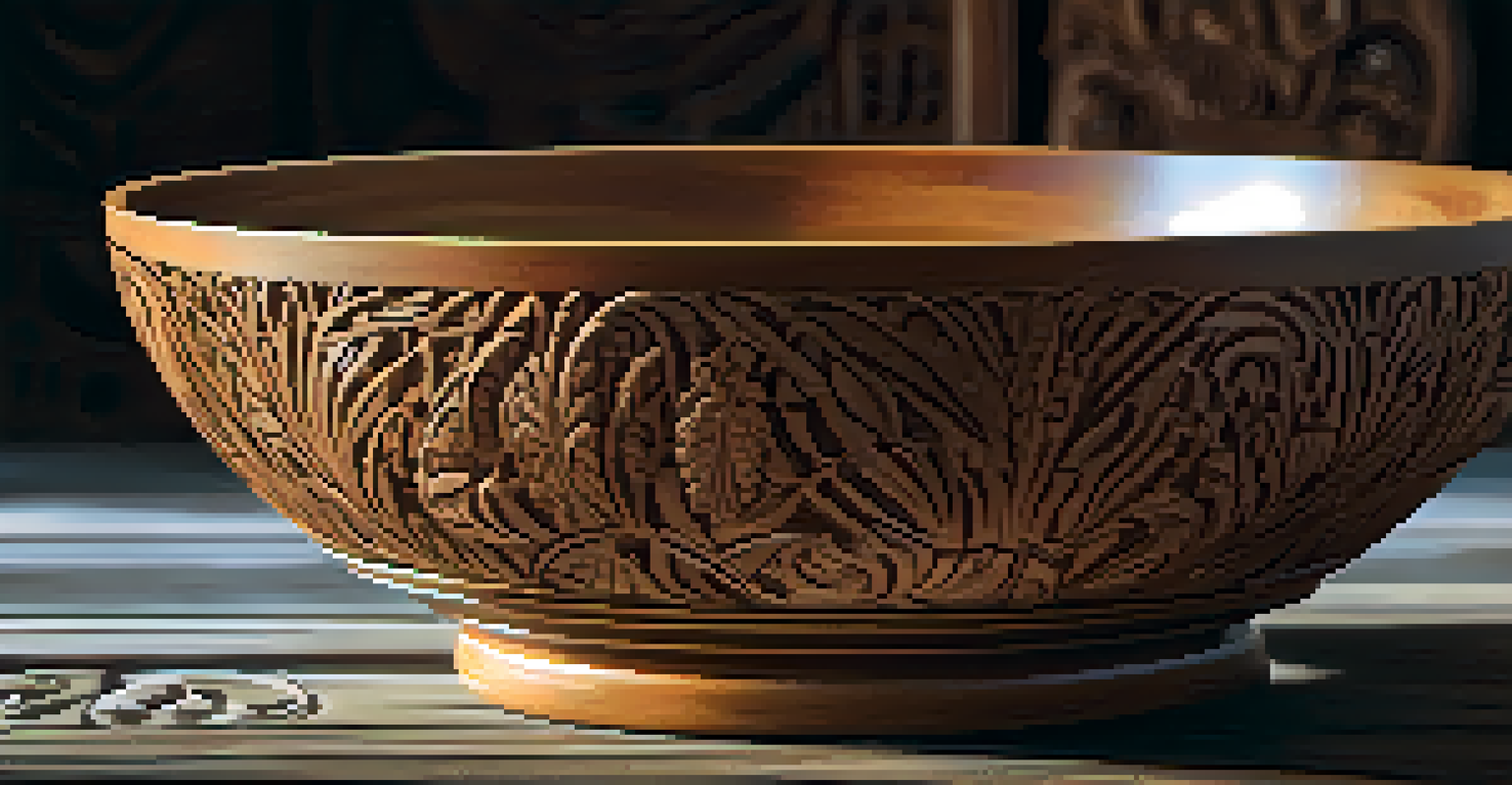 A detailed close-up of an intricately carved wooden bowl on a rustic table, with sunlight enhancing the wood's grain and texture.