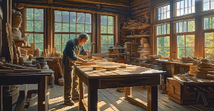 An artisan carving wood in a warm workshop, surrounded by tools and colorful shavings.