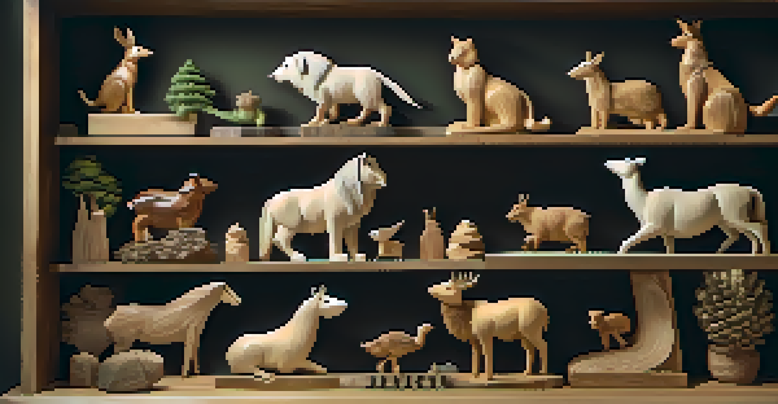 A shelf displaying a variety of carved wooden animal figurines with tools and materials in the background.